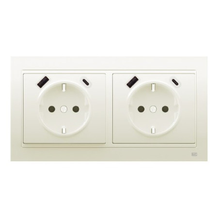 Pack BJC Mega doble enchufe schuko con doble USB completo Blanco Satín-imagen-1
