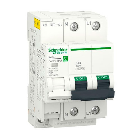 Protector SCHNEIDER sobretensiones Permanantes y Transitorias 1P+N 25A R9L20625 Resi9 Combi SPU-imagen_A